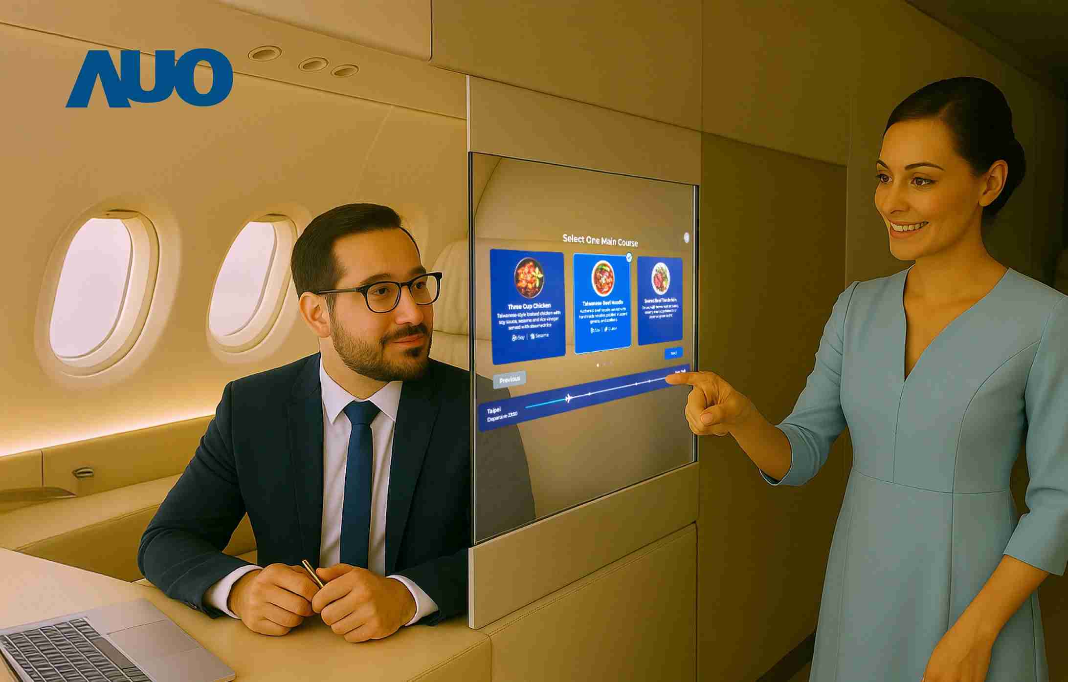 开云电子研发全球最薄17.3 吋双面透明 Micro LED 显示器，，可在同一屏幕之双边投射不同信息，，，创造独特的”透明化”互动；图为实时翻译交流应用情境